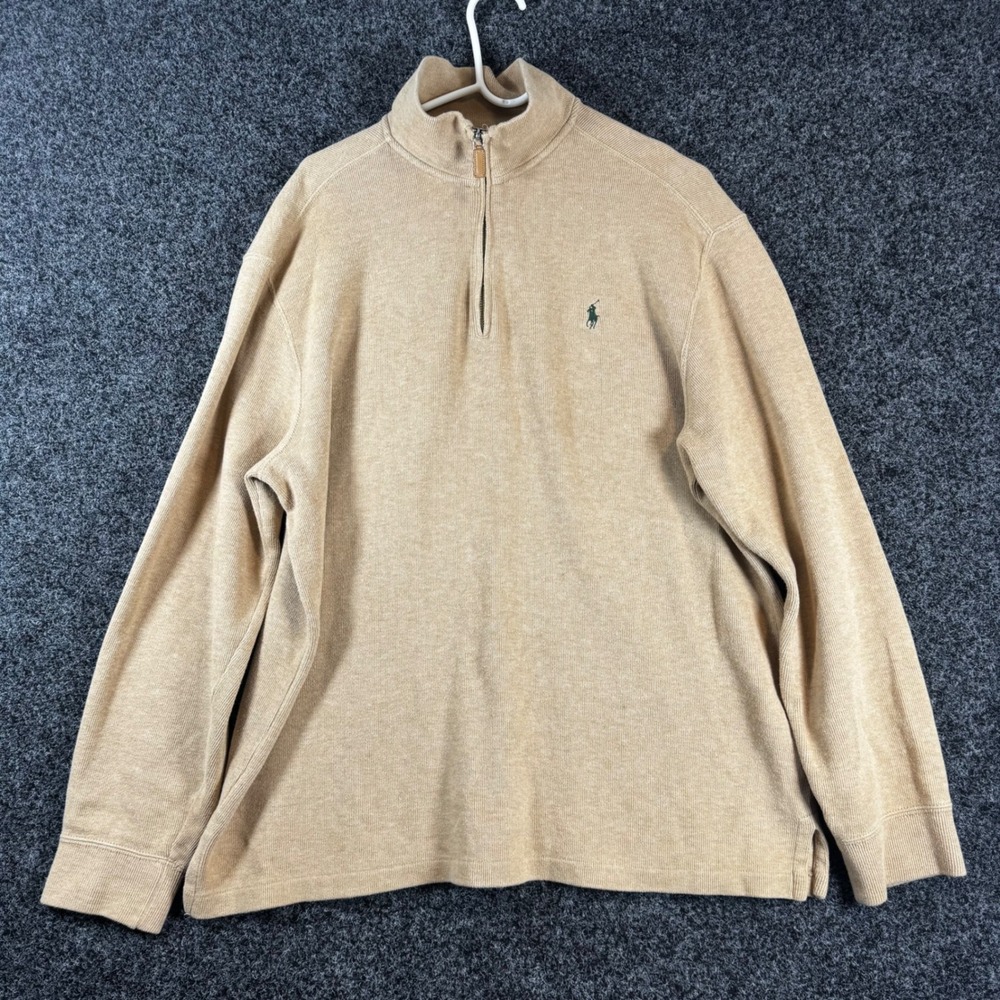 Polo Ralph Lauren Mens Large Tan Beige 100% Cotton Quarter Zip Pullover Sweater